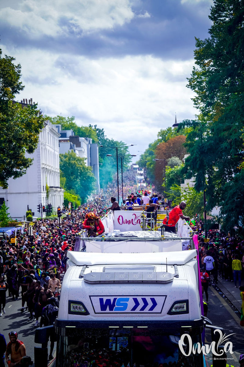 Omnia Carnival masqueraders on the road at Notting Hill Carnival 2026