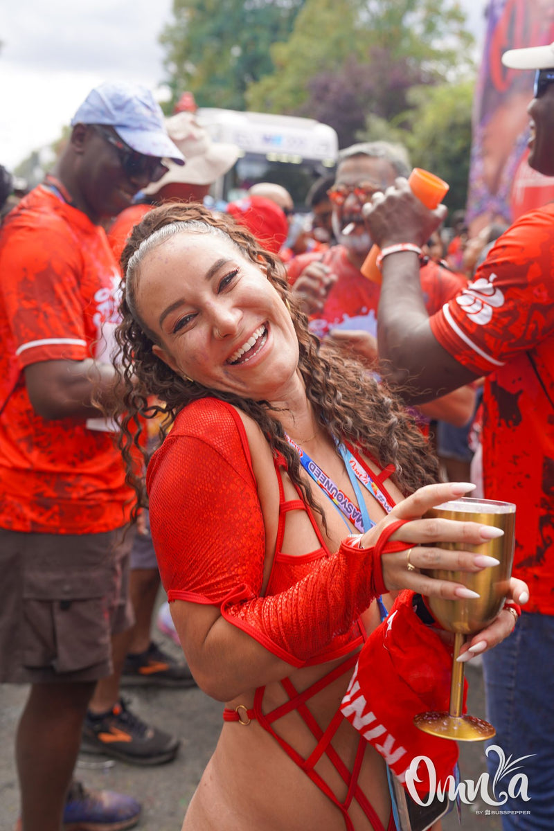 Omnia Carnival masqueraders on the road at Notting Hill Carnival 2026