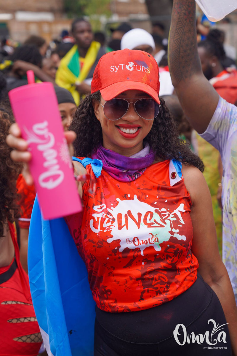 Omnia Carnival masqueraders on the road at Notting Hill Carnival 2026