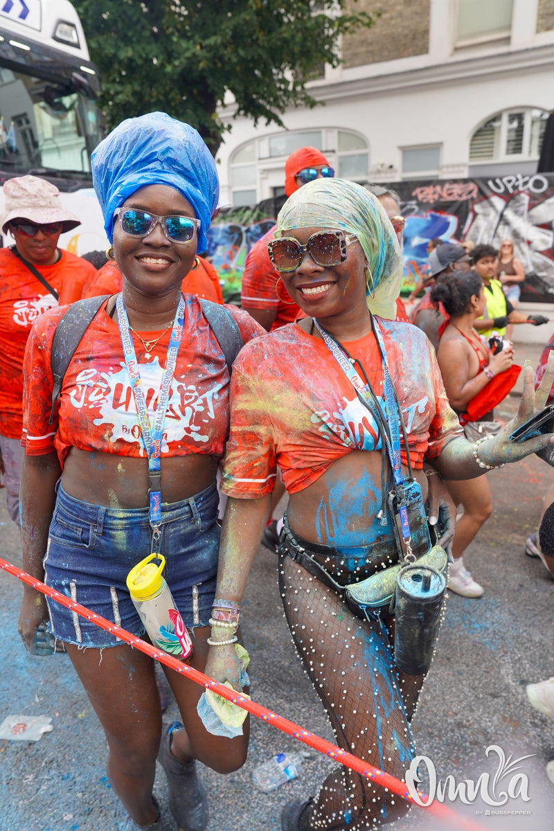 Omnia Carnival masqueraders on the road at Notting Hill Carnival 2026