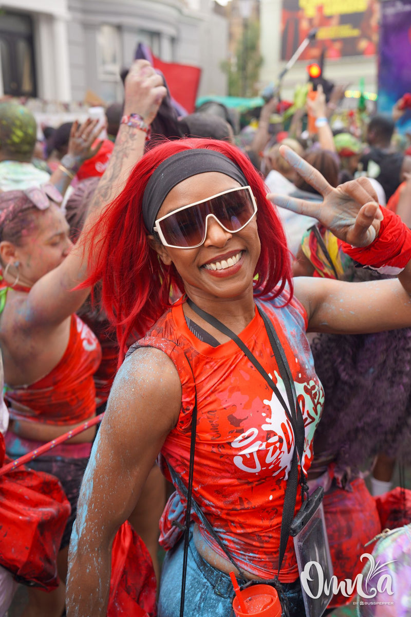 Omnia Carnival masqueraders on the road at Notting Hill Carnival 2026