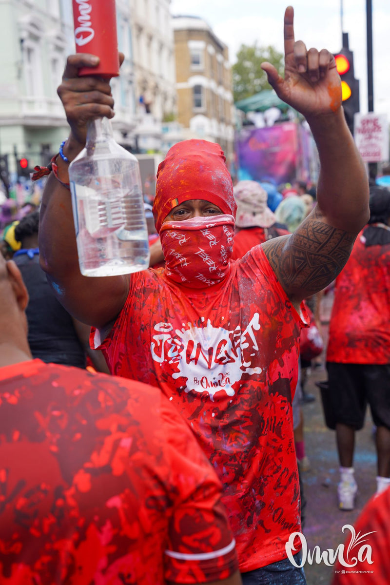 Omnia Carnival masqueraders on the road at Notting Hill Carnival 2026