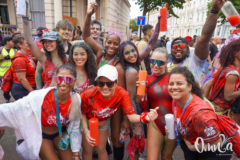Omnia Carnival masqueraders on the road at Notting Hill Carnival 2026