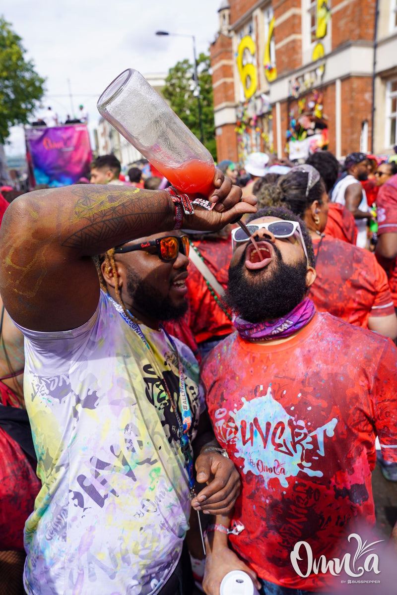 Omnia Carnival masqueraders on the road at Notting Hill Carnival 2026