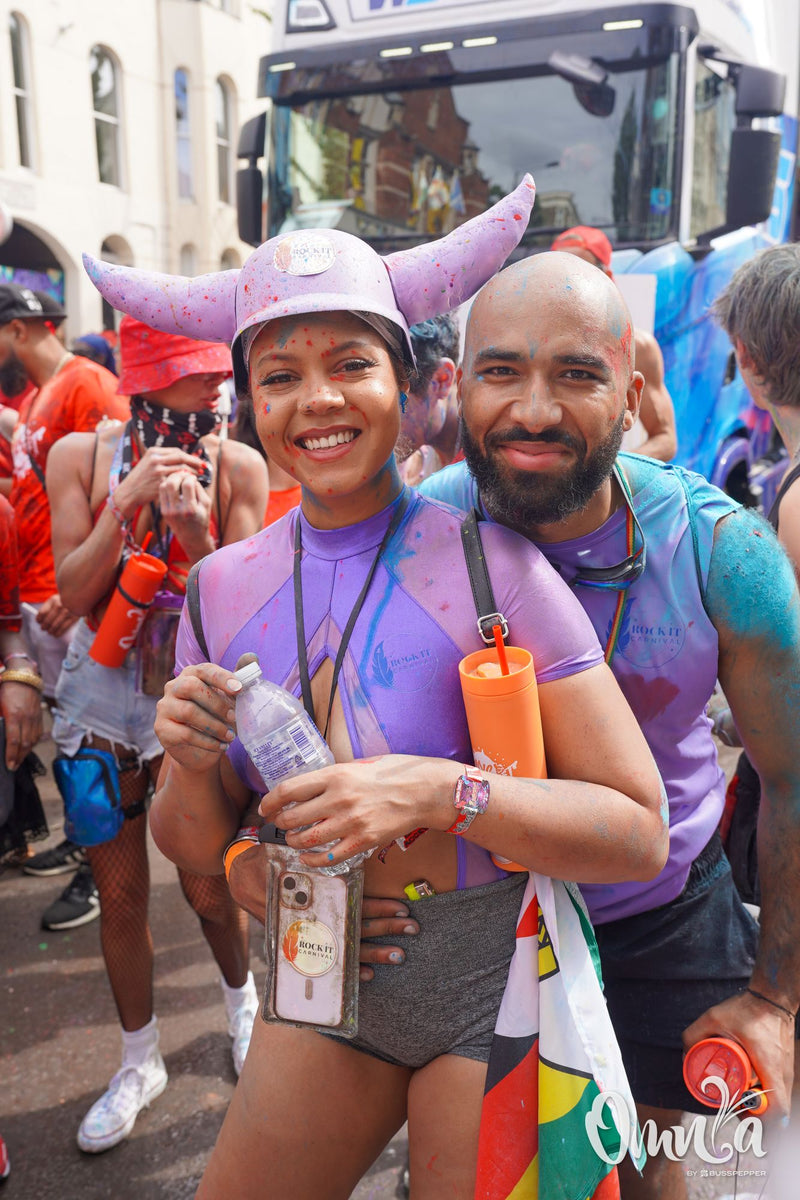 Omnia Carnival masqueraders on the road at Notting Hill Carnival 2026