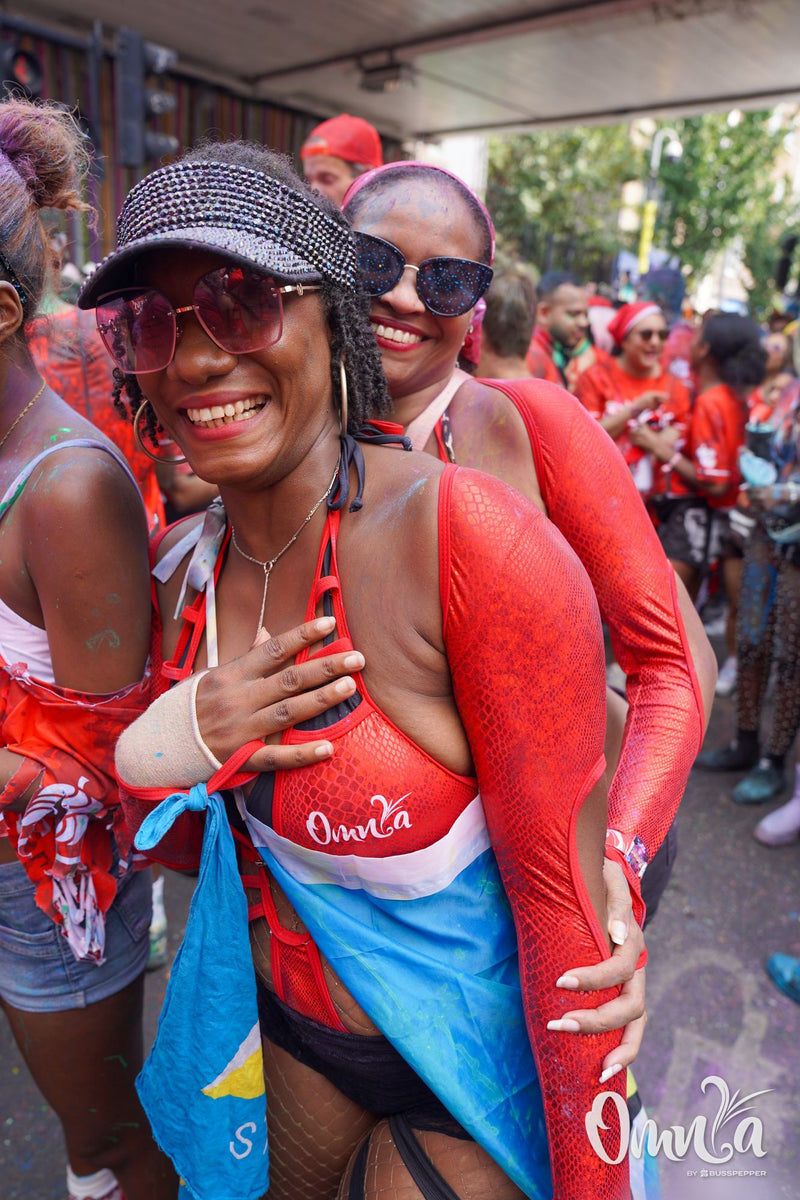 Omnia Carnival masqueraders on the road at Notting Hill Carnival 2026