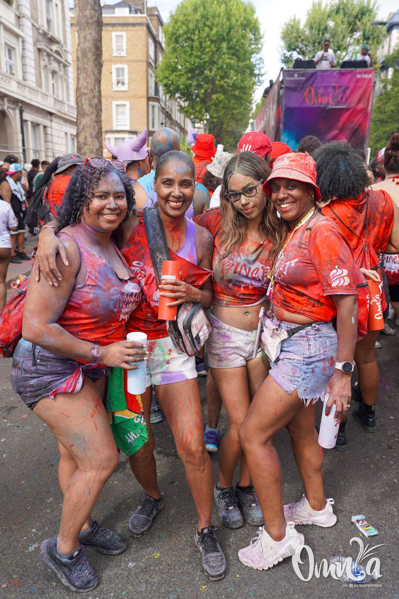 Omnia Carnival masqueraders on the road at Notting Hill Carnival 2026
