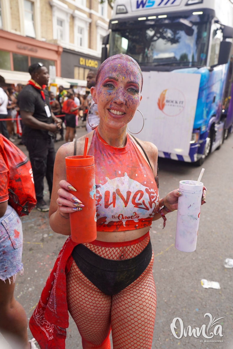 Omnia Carnival masqueraders on the road at Notting Hill Carnival 2026