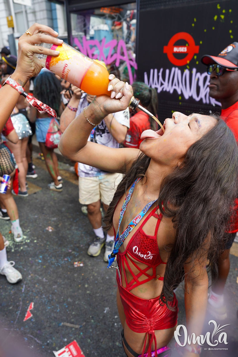 Omnia Carnival masqueraders on the road at Notting Hill Carnival 2026