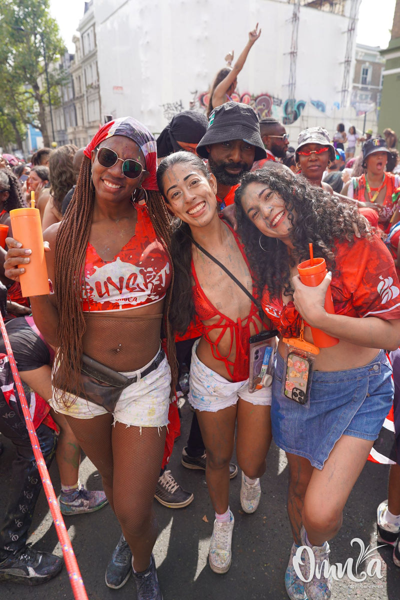 Omnia Carnival masqueraders on the road at Notting Hill Carnival 2026