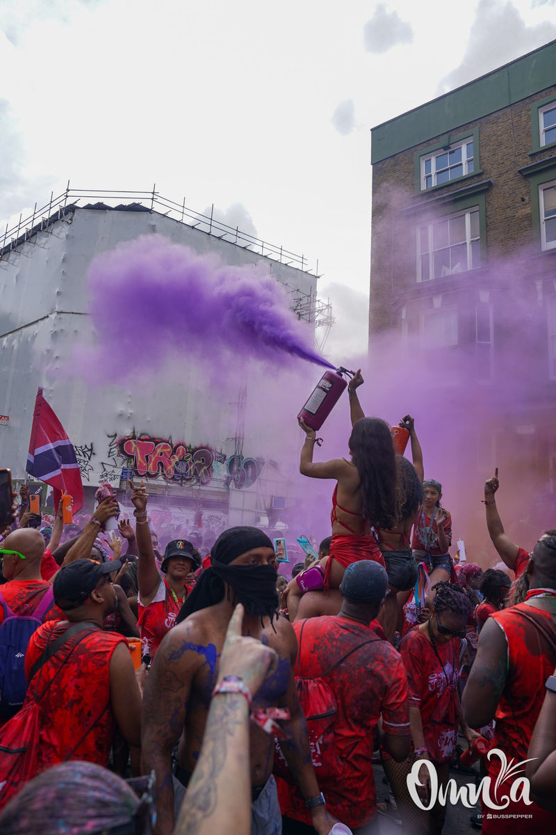 Omnia Carnival masqueraders on the road at Notting Hill Carnival 2026
