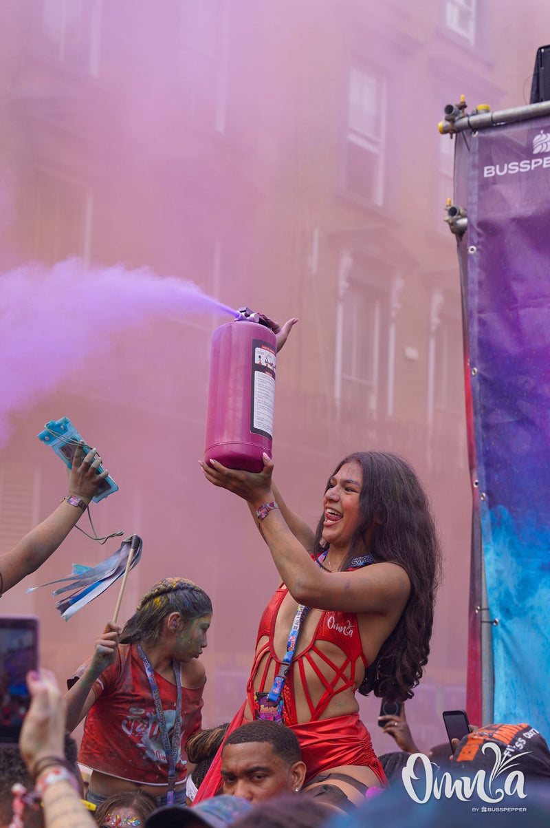 Omnia Carnival masqueraders on the road at Notting Hill Carnival 2026