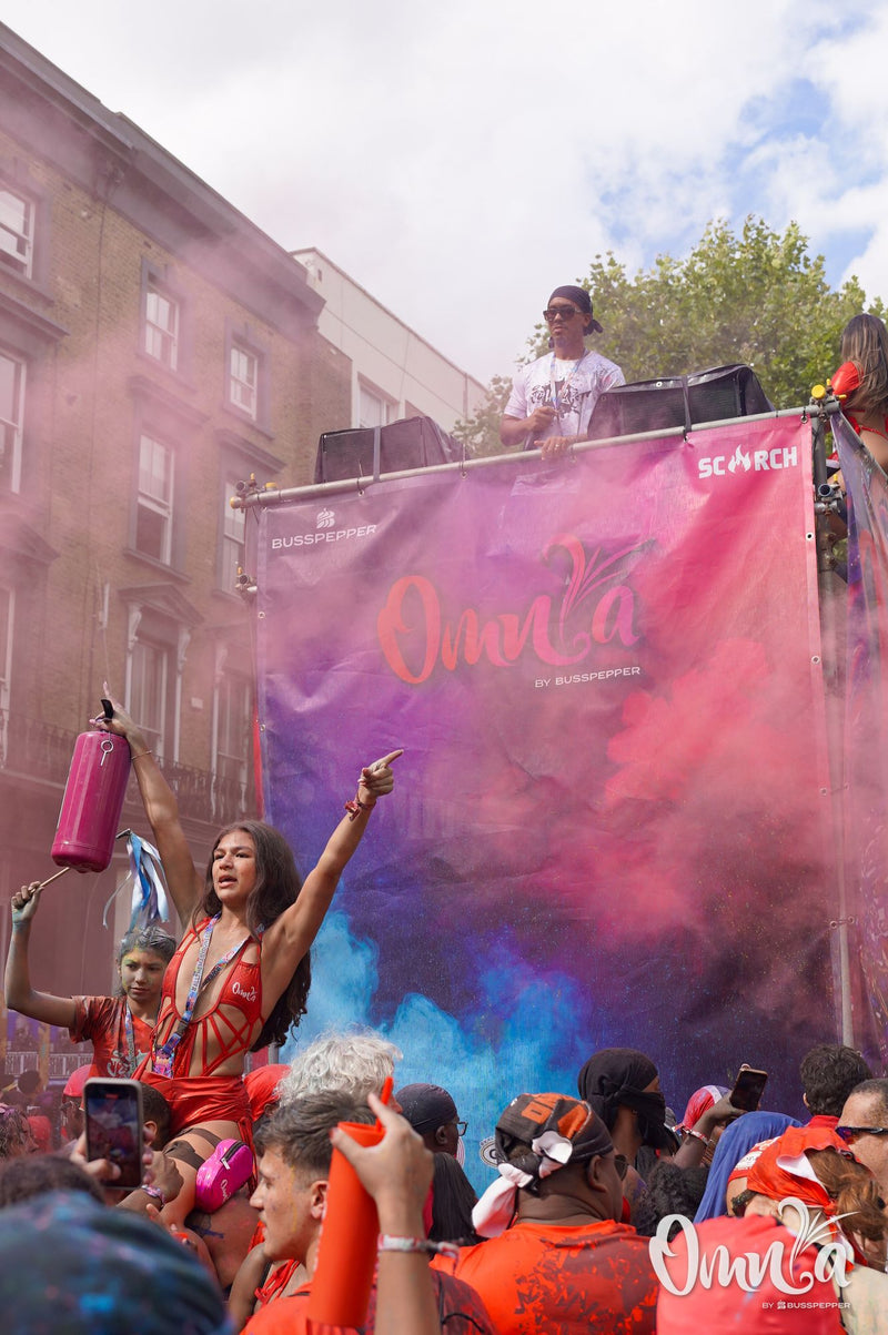 Omnia Carnival masqueraders on the road at Notting Hill Carnival 2026