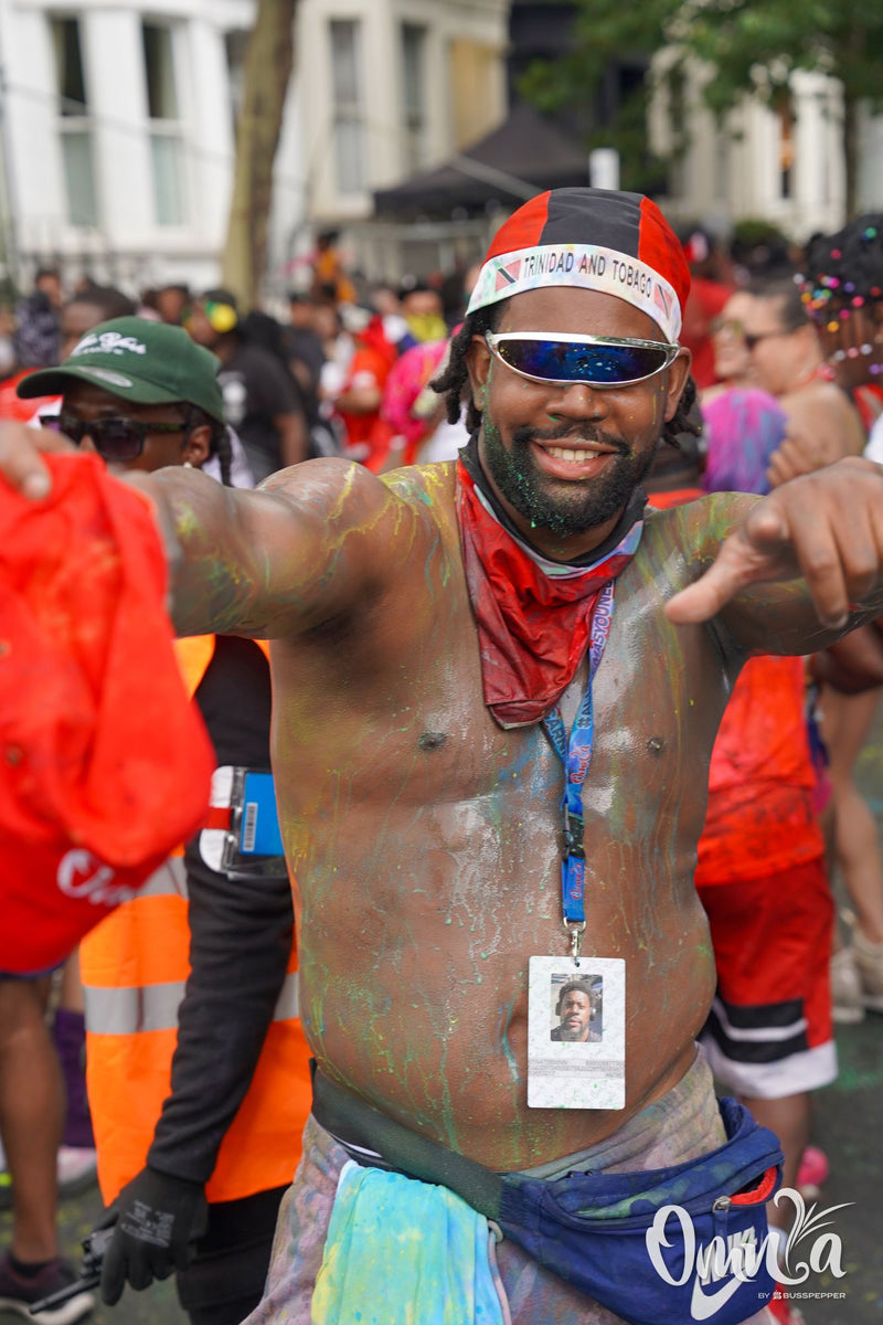 Omnia Carnival masqueraders on the road at Notting Hill Carnival 2026