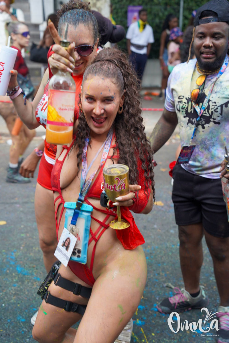 Omnia Carnival masqueraders on the road at Notting Hill Carnival 2026