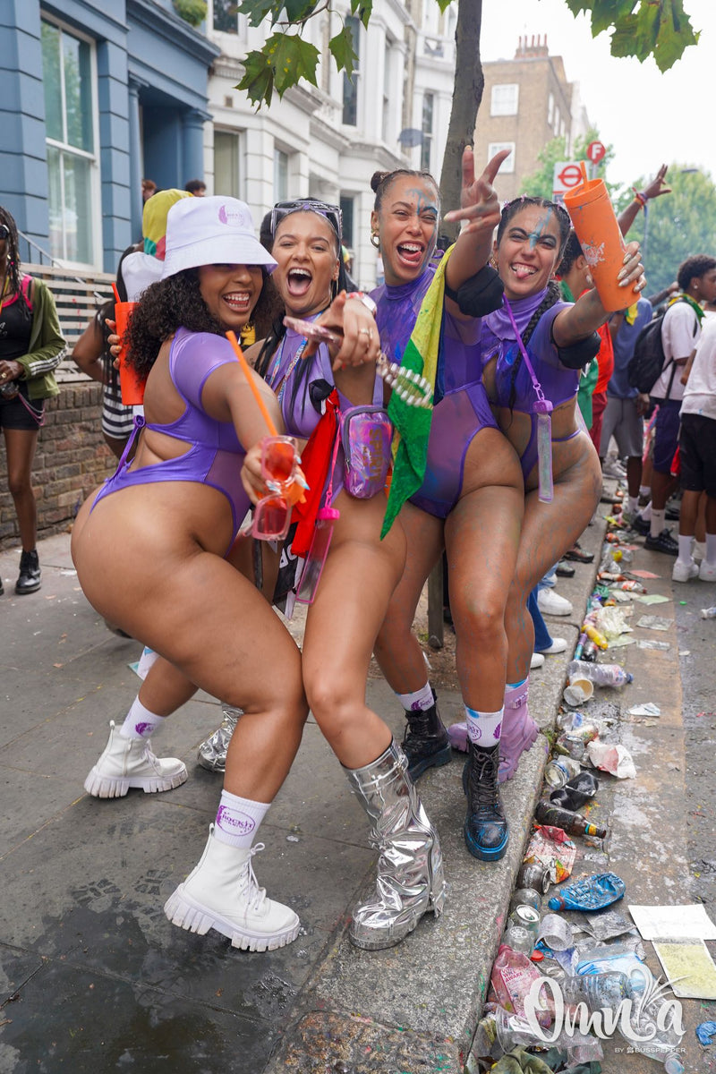 Omnia Carnival masqueraders on the road at Notting Hill Carnival 2026