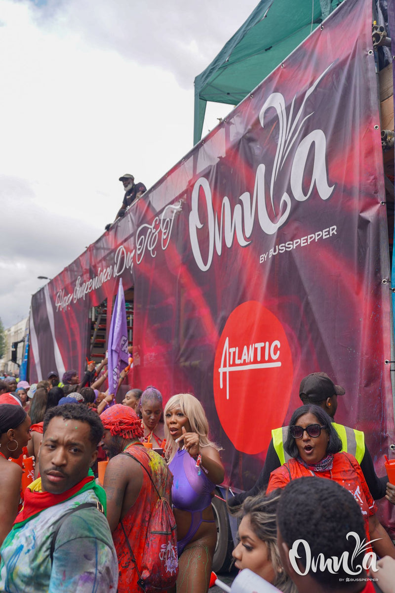 Omnia Carnival masqueraders on the road at Notting Hill Carnival 2026