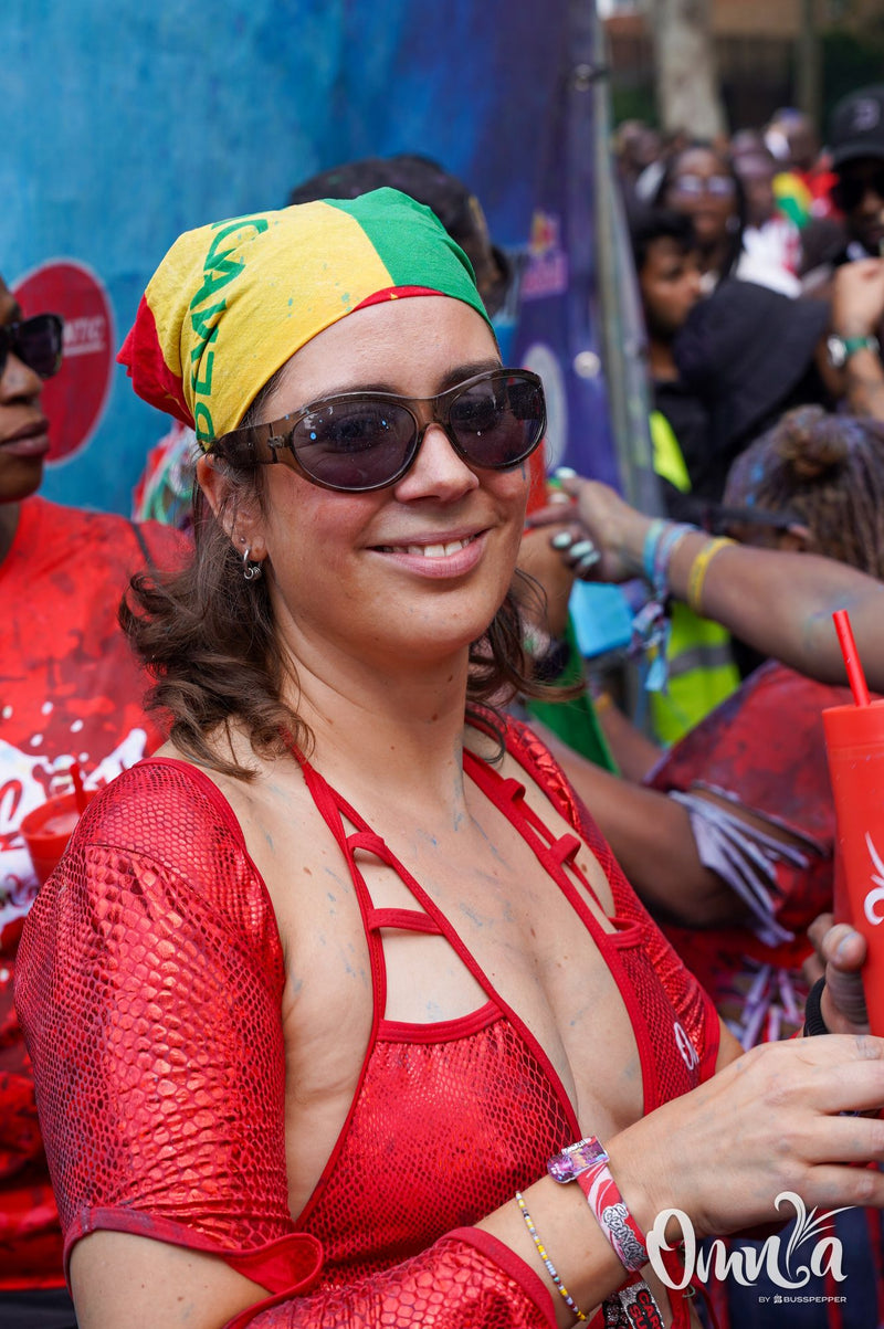 Omnia Carnival masqueraders on the road at Notting Hill Carnival 2026