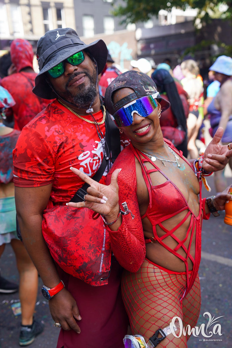 Omnia Carnival masqueraders on the road at Notting Hill Carnival 2026