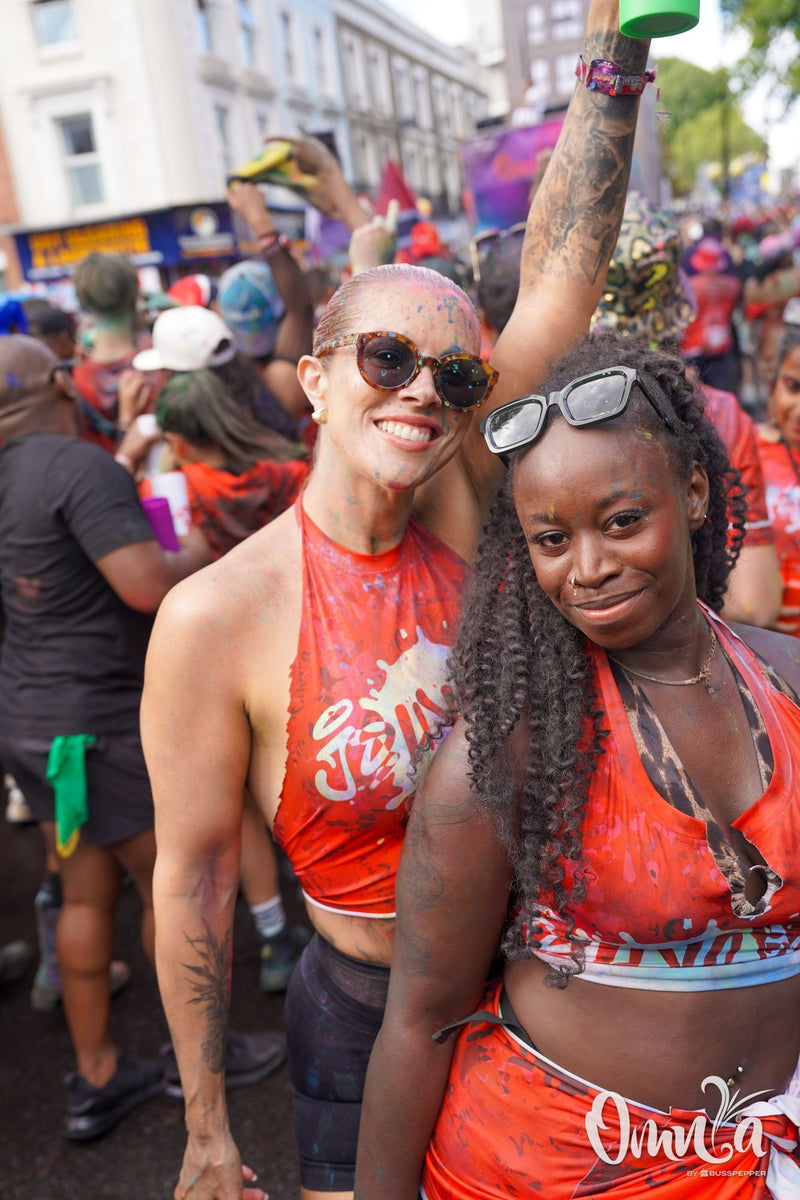 Omnia Carnival masqueraders on the road at Notting Hill Carnival 2026
