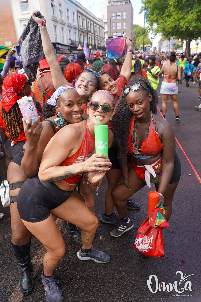 Omnia Carnival masqueraders on the road at Notting Hill Carnival 2026