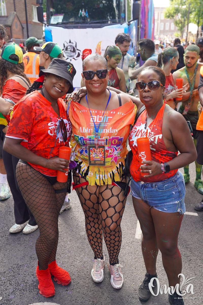 Omnia Carnival masqueraders on the road at Notting Hill Carnival 2026