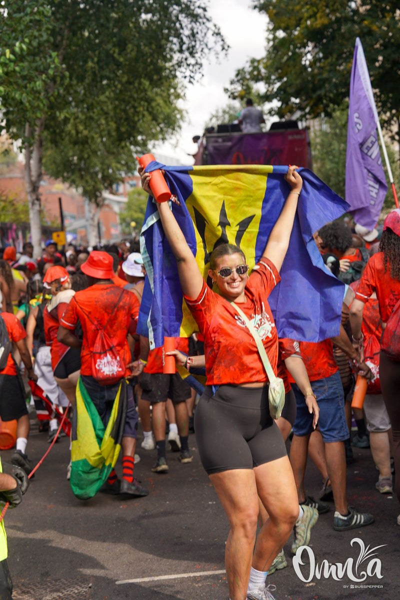 Omnia Carnival masqueraders on the road at Notting Hill Carnival 2026