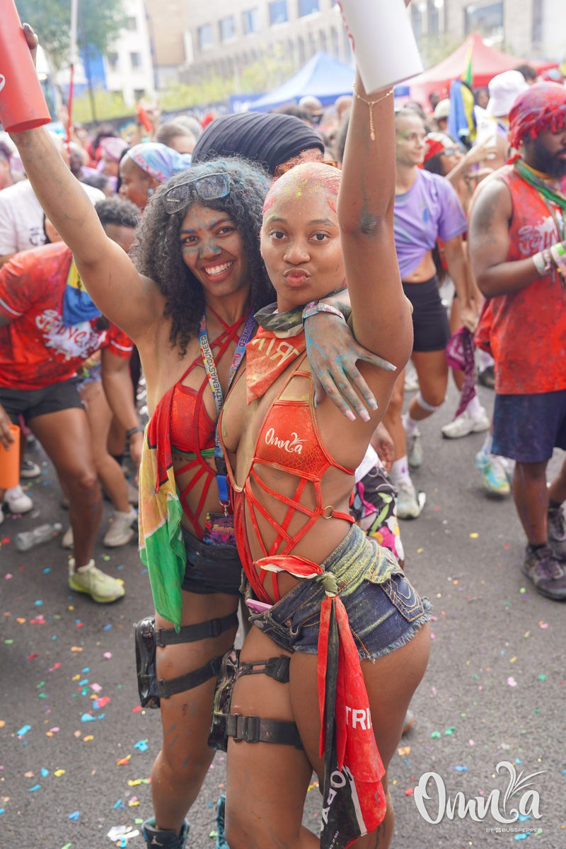 Omnia Carnival masqueraders on the road at Notting Hill Carnival 2026