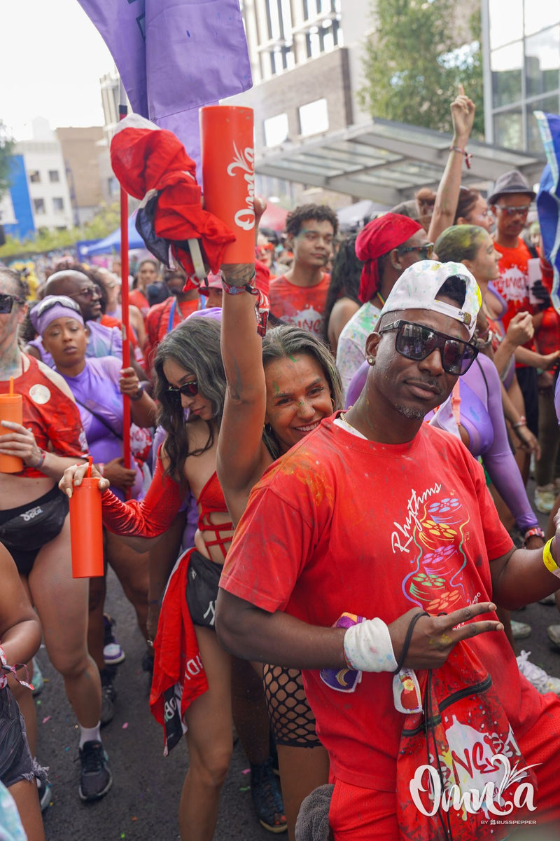 Omnia Carnival masqueraders on the road at Notting Hill Carnival 2026