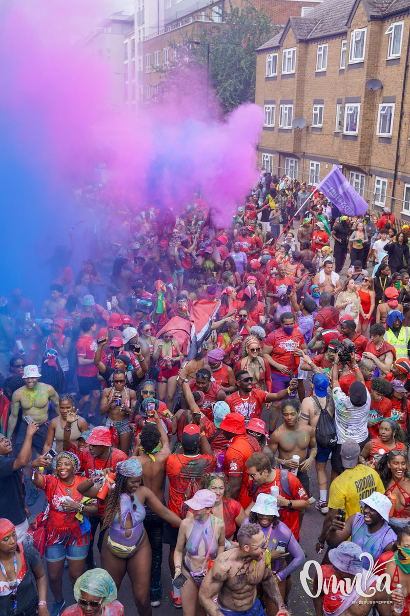 Omnia Carnival masqueraders on the road at Notting Hill Carnival 2026