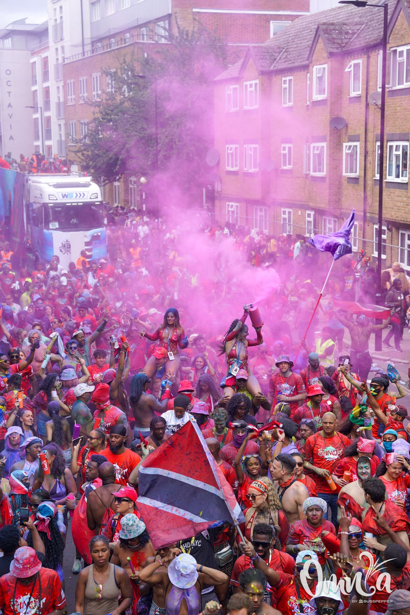 Omnia Carnival masqueraders on the road at Notting Hill Carnival 2026