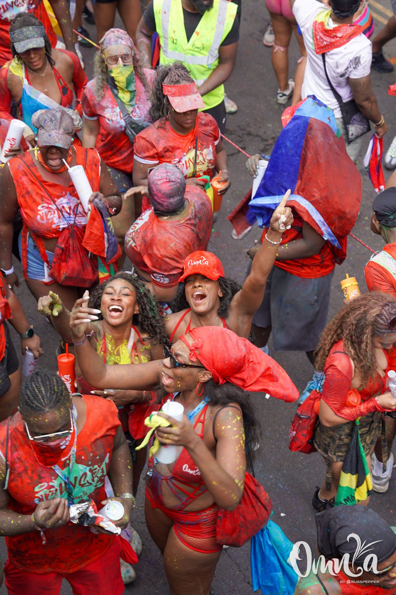 Omnia Carnival masqueraders on the road at Notting Hill Carnival 2026