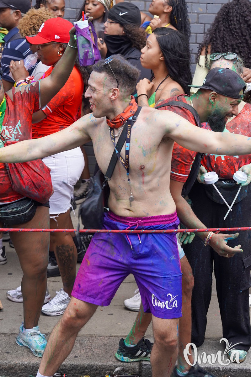 Omnia Carnival masqueraders on the road at Notting Hill Carnival 2026