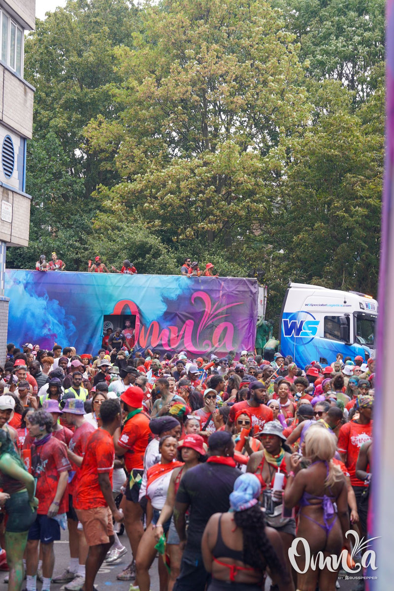 Omnia Carnival masqueraders on the road at Notting Hill Carnival 2026
