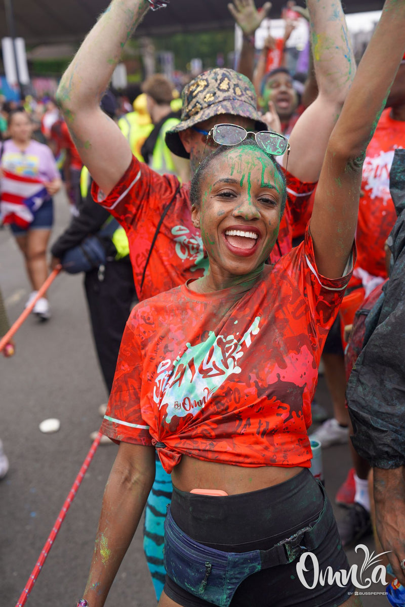 Omnia Carnival masqueraders on the road at Notting Hill Carnival 2026