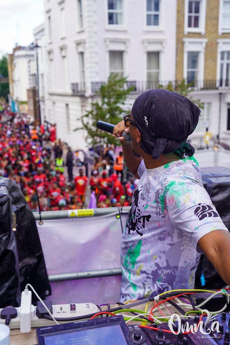 Omnia Carnival masqueraders on the road at Notting Hill Carnival 2026