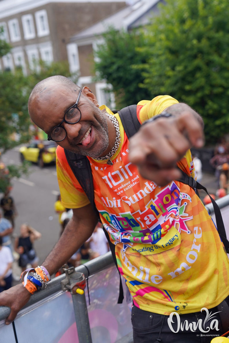 Omnia Carnival masqueraders on the road at Notting Hill Carnival 2026