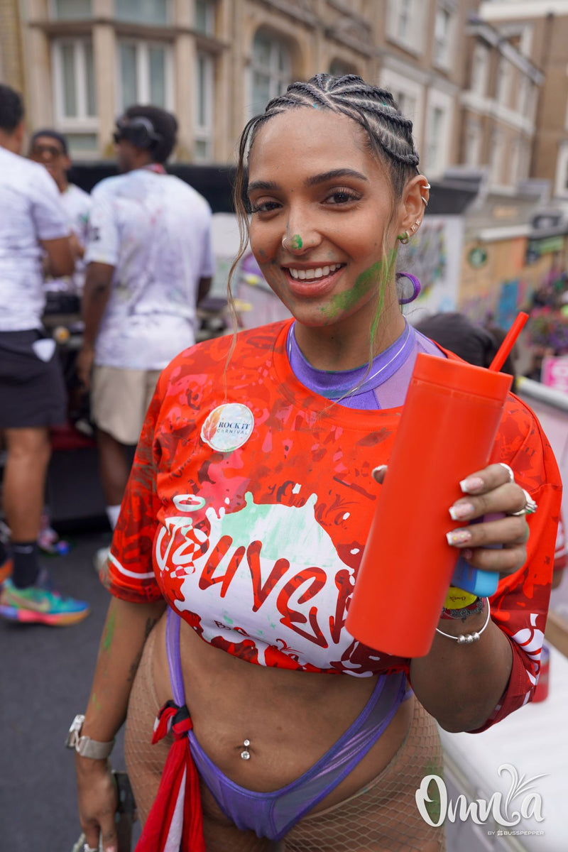Omnia Carnival masqueraders on the road at Notting Hill Carnival 2026