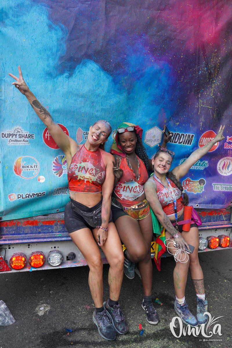 Omnia Carnival masqueraders on the road at Notting Hill Carnival 2026